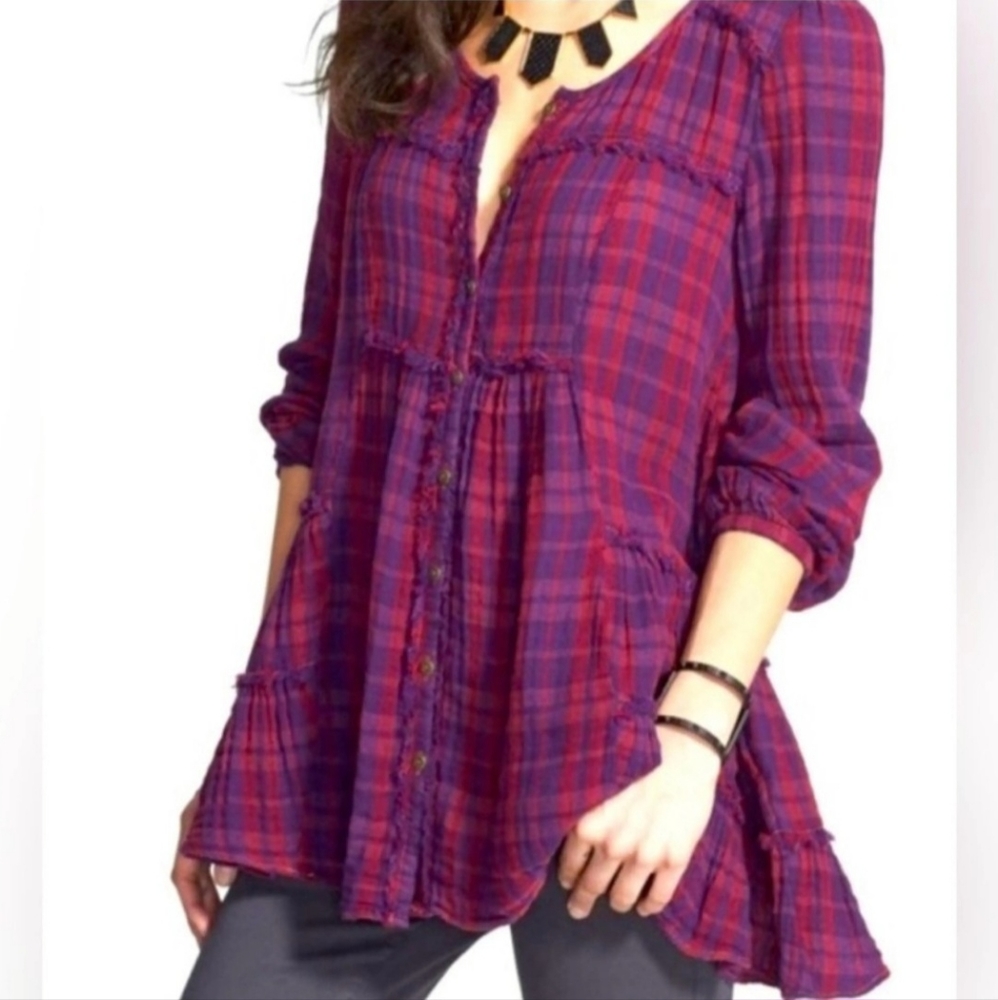 Free People Whistle While You Work Cotton Gauze Plaid Purple Boho S/P shirt